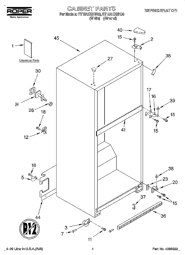 CABINET, LITERATURE Diagram and Parts List for RT18AKXHW00  Roper Refrigerator