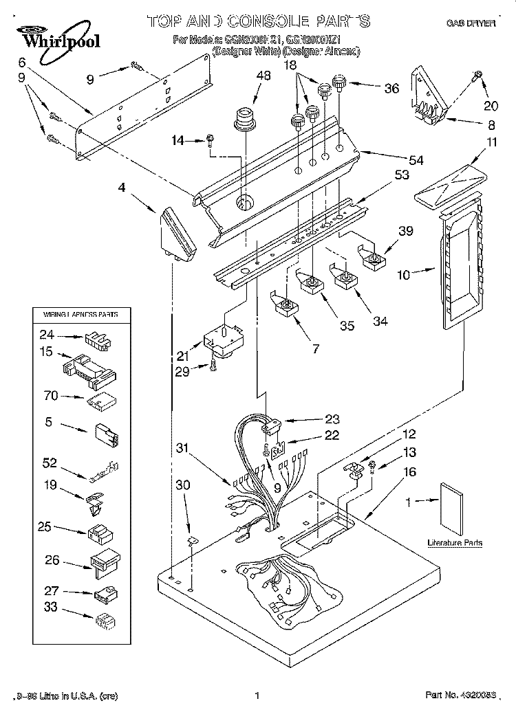 TOP AND CONSOLE, LIT/OPTIONAL Diagram and Parts List for GGN2000HZ1  Whirlpool Dryer