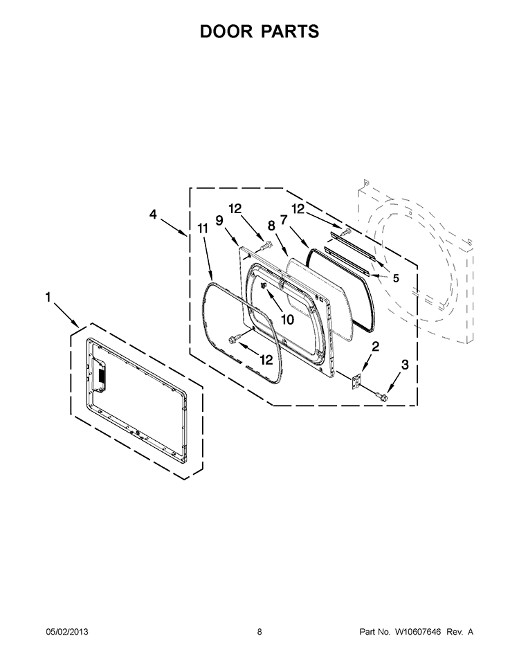 DOOR PARTS Diagram and Parts List for YWED5700XW1  Whirlpool Dryer