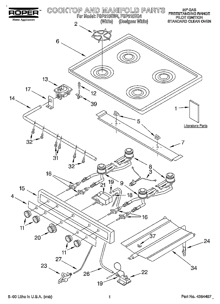 COOKTOP AND MANIFOLD, LITERATURE Diagram and Parts List for FGP210EQ4  Roper Range