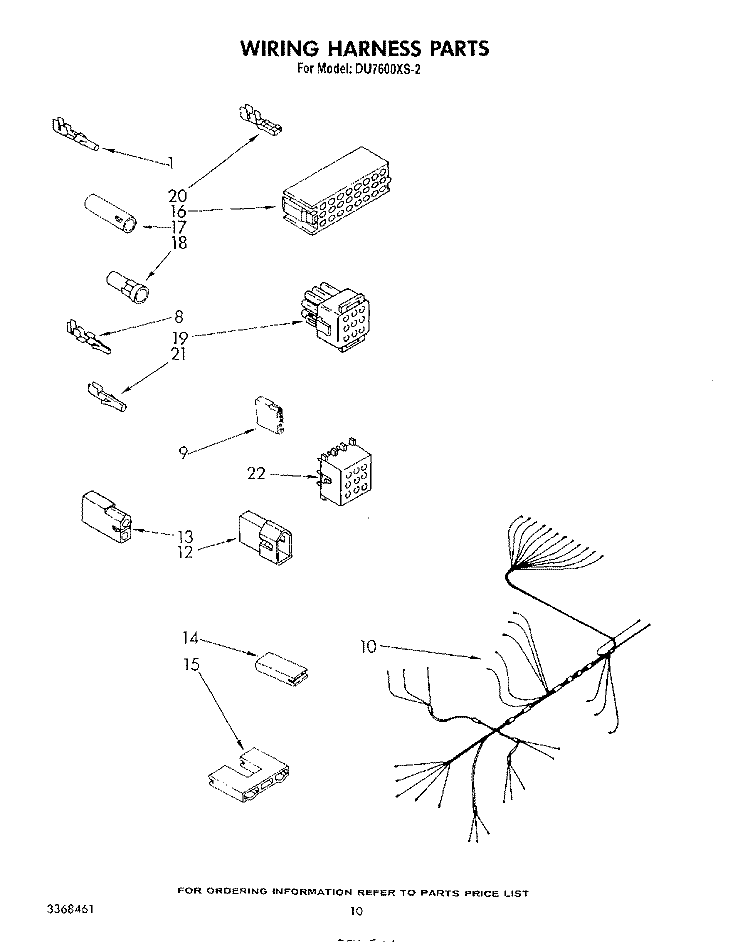 WIRING HARNESS Diagram and Parts List for DU7600XS2  Whirlpool Dishwasher
