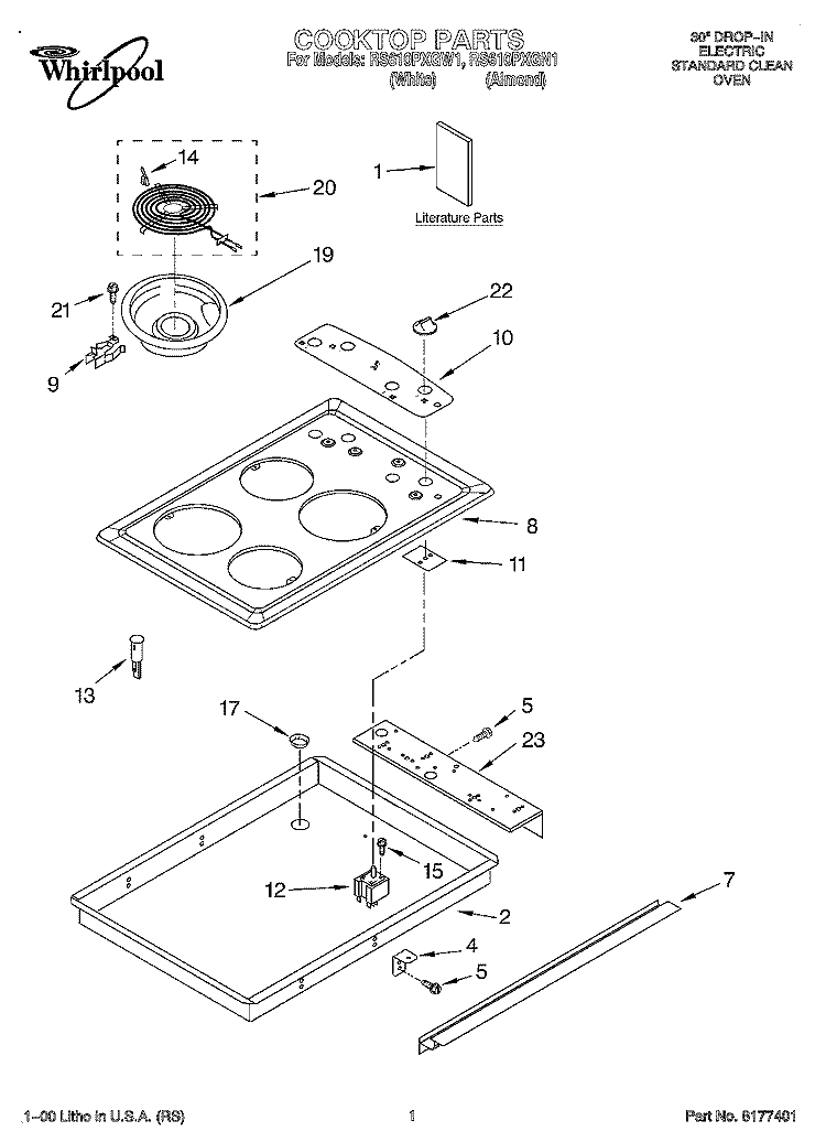 COOKTOP, LITERATURE Diagram and Parts List for RS610PXGW1  Whirlpool Range