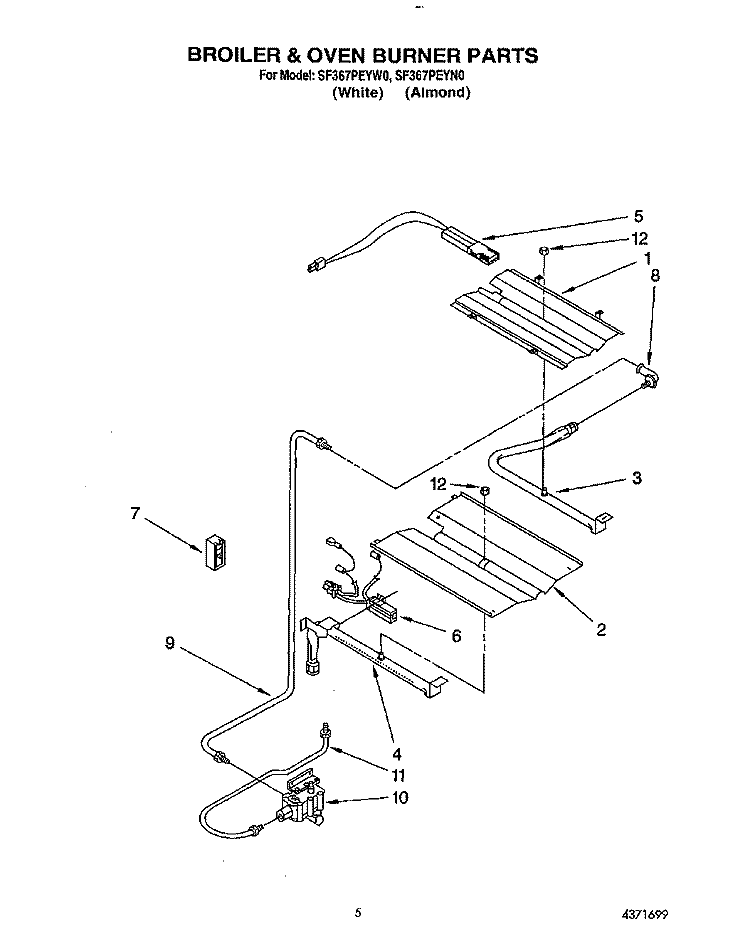BROILER AND OVEN BURNER Diagram and Parts List for SF367PEYN0  Whirlpool Range