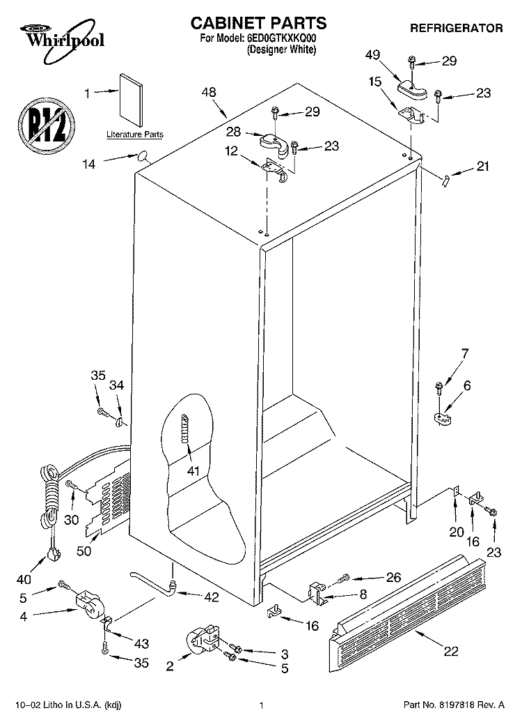 CABINET, LITERATURE Diagram and Parts List for 6ED0GTKXKQ00  Whirlpool Refrigerator