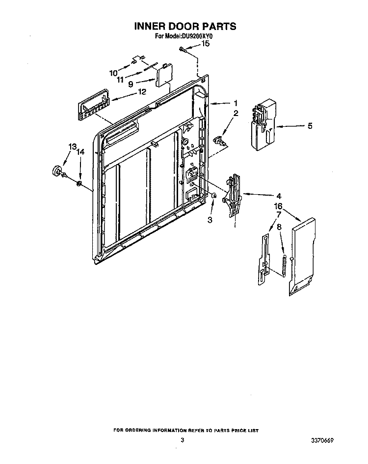 INNER DOOR Diagram and Parts List for DU9200XY0  Whirlpool Dishwasher