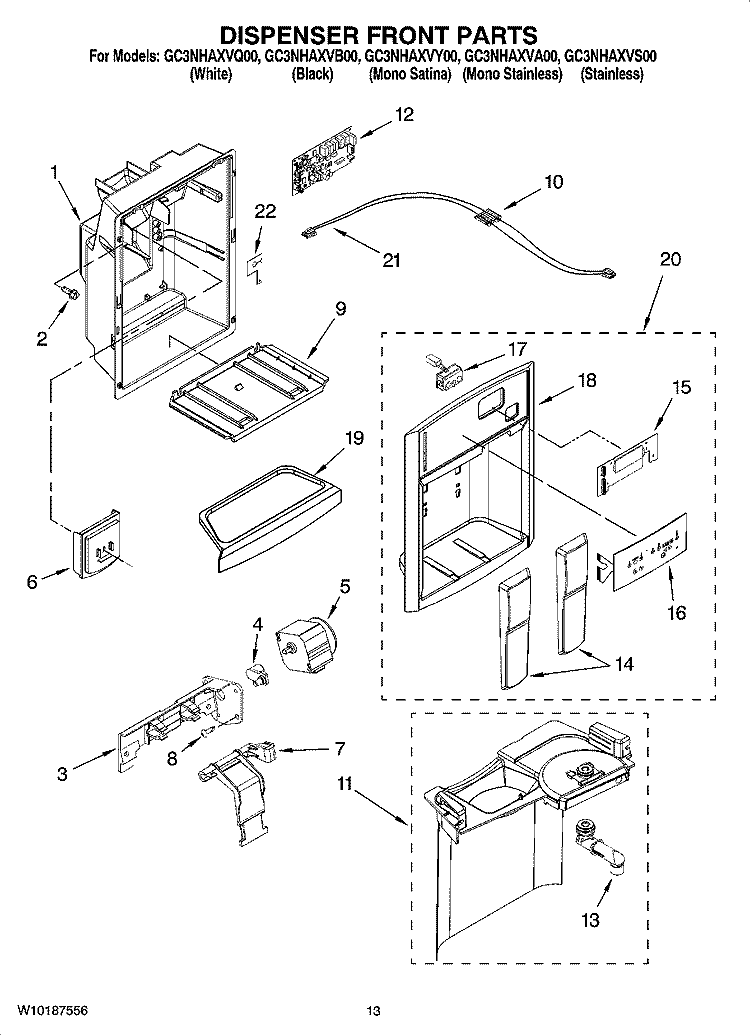 DISPENSER FRONT PARTS Diagram and Parts List for GC3NHAXVA00  Whirlpool Refrigerator