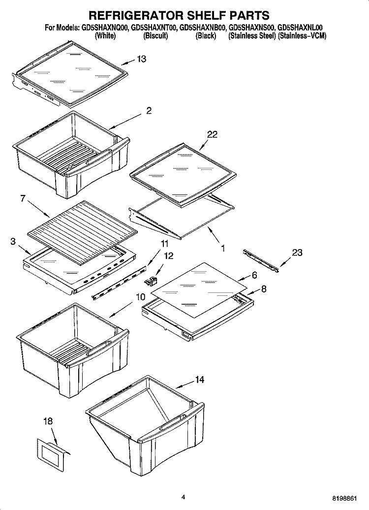 REFRIGERATOR SHELF PARTS Diagram and Parts List for GD5SHAXNS00  Whirlpool Refrigerator