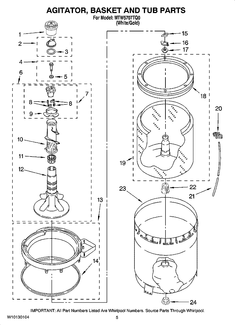 AGITATOR, BASKET AND TUB PARTS Diagram and Parts List for MTW5707TQ0  Whirlpool Washer
