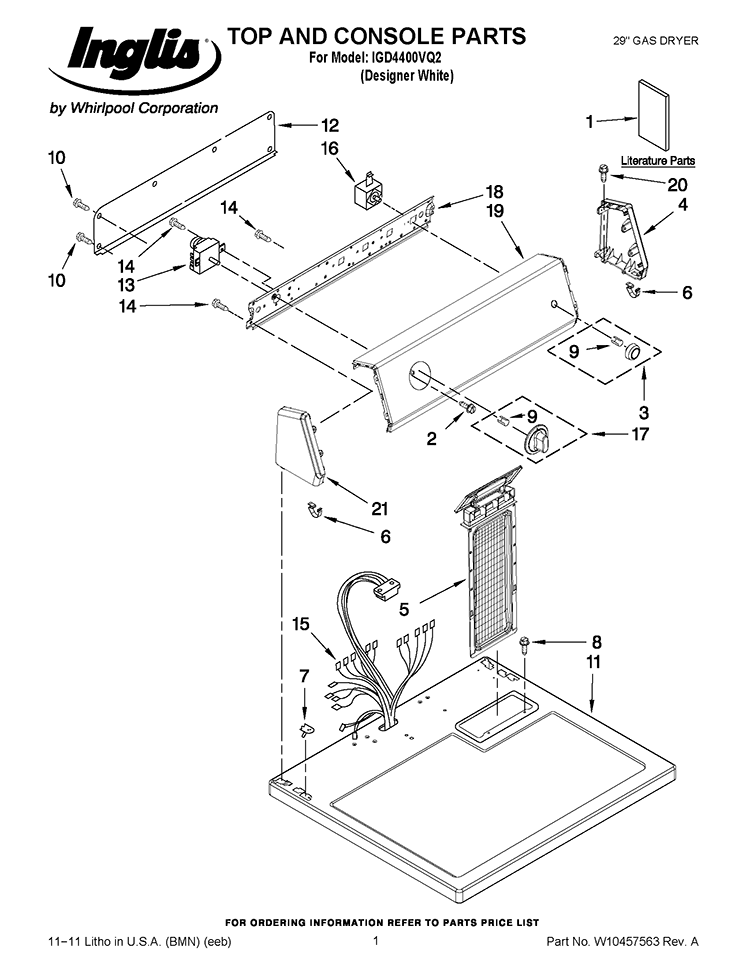 TOP AND CONSOLE PARTS Diagram and Parts List for IGD4400VQ2  Inglis Dryer