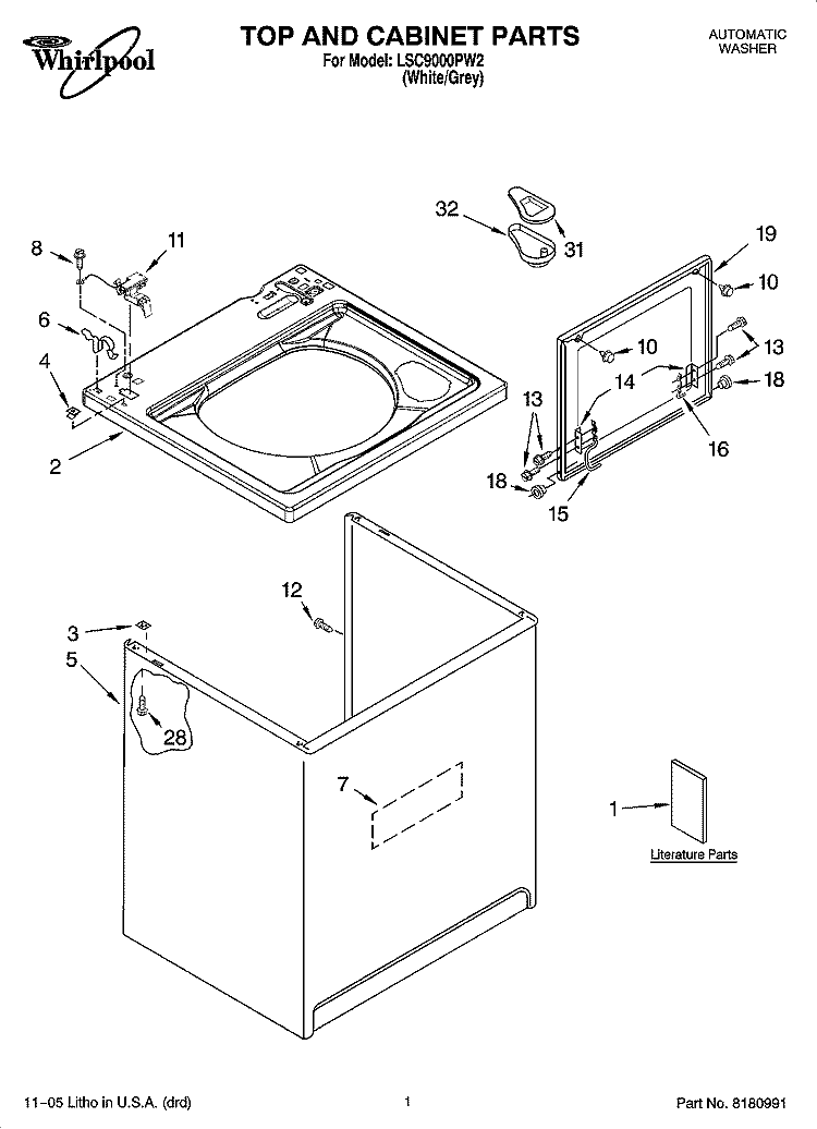 TOP AND CABINET PARTS Diagram and Parts List for LSC9000PW2  Whirlpool Washer