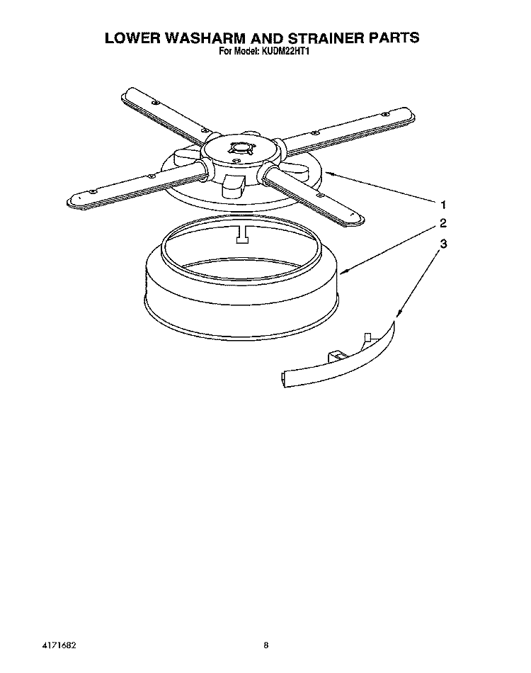 LOWER WASHARM AND STRAINER Diagram and Parts List for KUDM22HT1  KitchenAid Dishwasher
