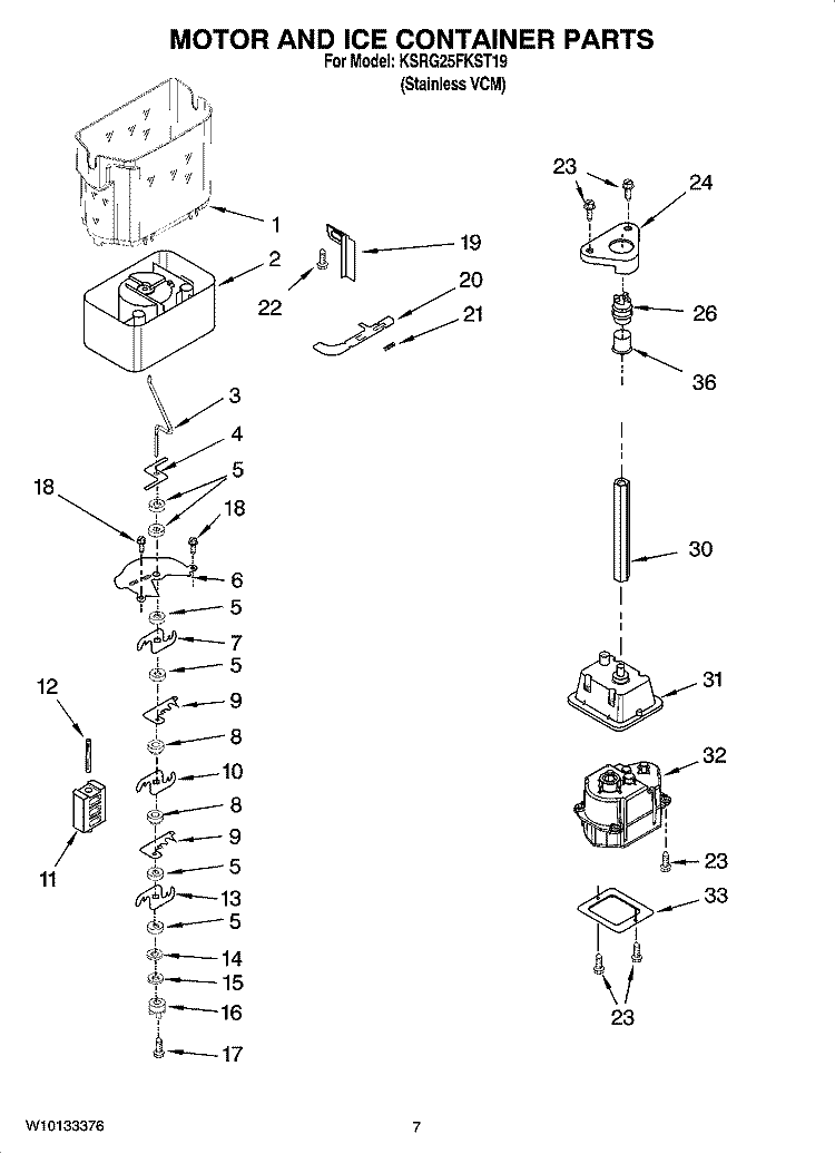 MOTOR AND ICE CONTAINER PARTS Diagram and Parts List for KSRG25FKST19  KitchenAid Refrigerator