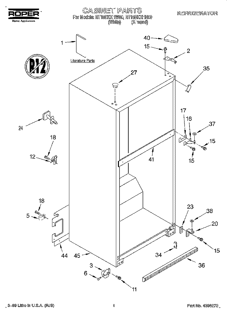 CABINET, LITERATURE Diagram and Parts List for RT18DKXHW00  Roper Refrigerator