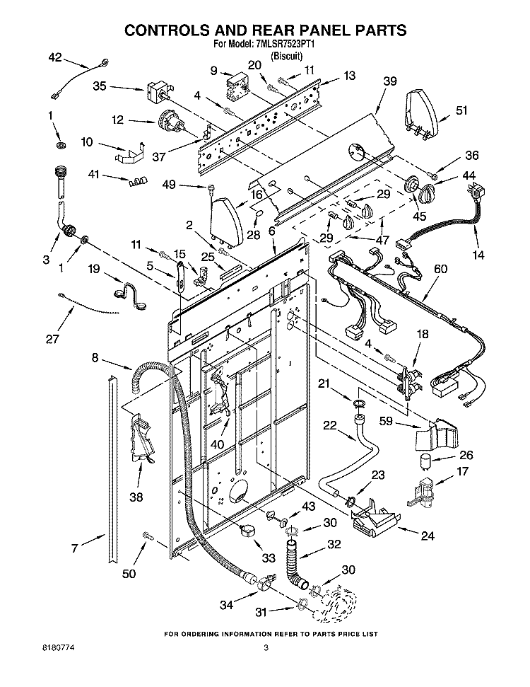 CONTROLS AND REAR PANEL PARTS Diagram and Parts List for 7MLSR7523PT1  Whirlpool Washer