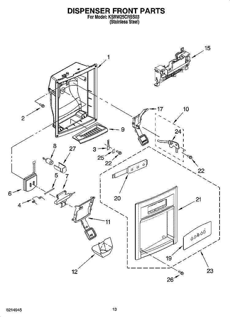 DISPENSER FRONT PARTS Diagram and Parts List for KSRW25CRSS03  KitchenAid Refrigerator
