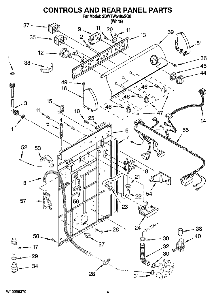 CONTROLS AND REAR PANEL PARTS Diagram and Parts List for 2DWTW5405SQ0  Whirlpool Washer