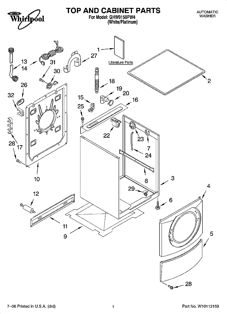 TOP AND CABINET PARTS Diagram and Parts List for GHW9150PW4  Whirlpool Washer