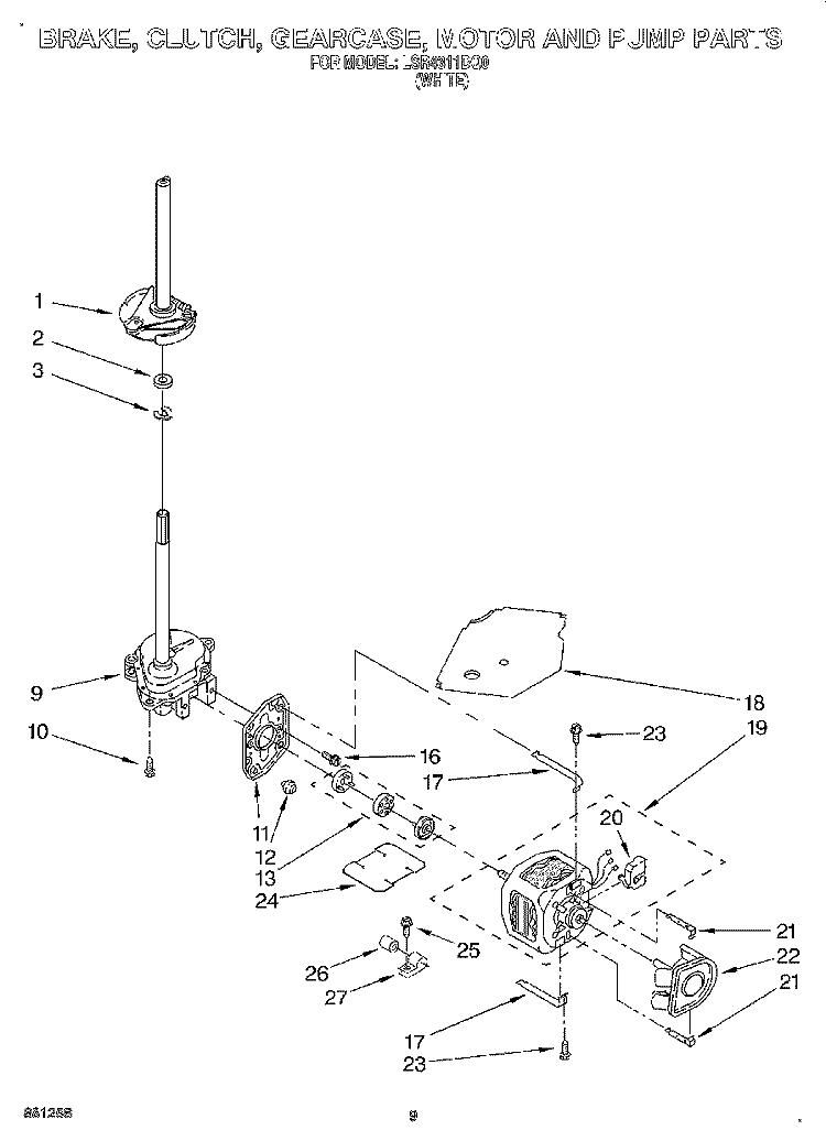 BRAKE, CLUTCH, GEARCASE, MOTOR AND PUMP Diagram and Parts List for LSR4311DQ0  Whirlpool Washer