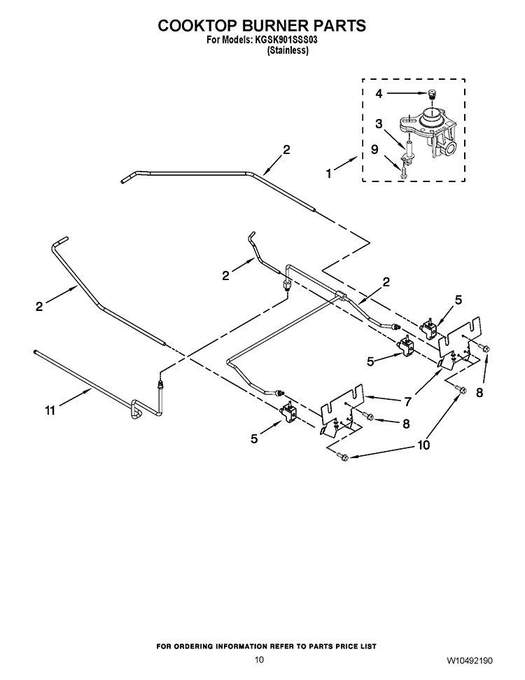 COOKTOP BURNER PARTS Diagram and Parts List for KGSK901SSS03  KitchenAid Range