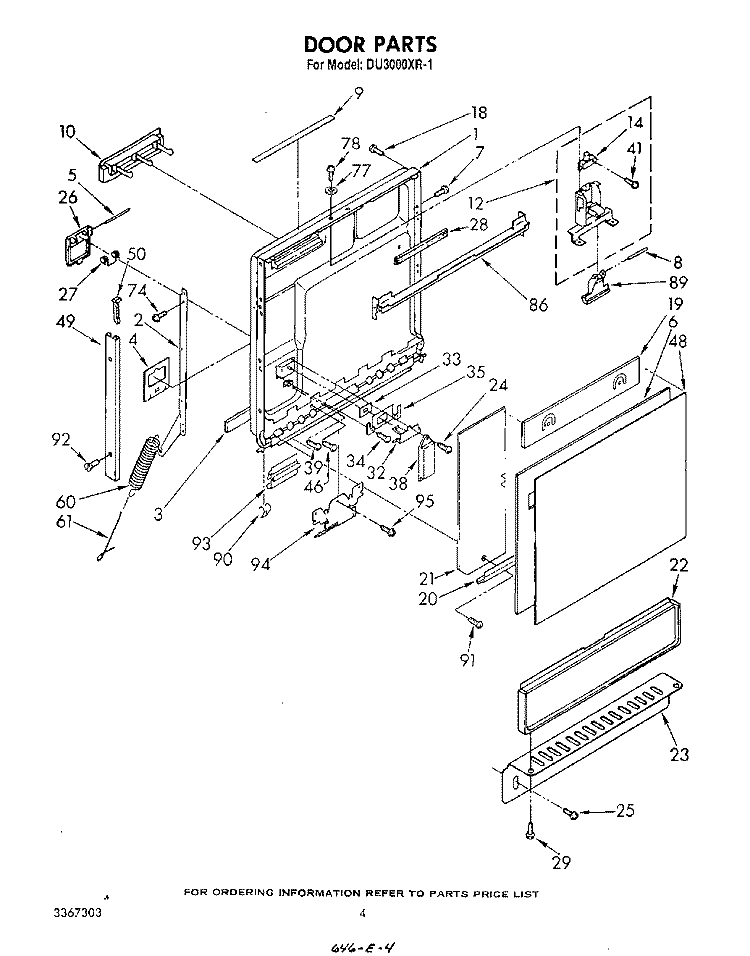 DOOR Diagram and Parts List for DU3000XR1  Whirlpool Dishwasher
