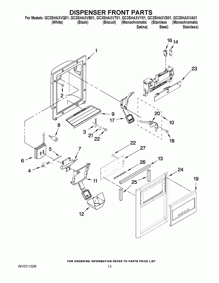 DISPENSER FRONT PARTS Diagram and Parts List for GC3SHAXVS01  Whirlpool Refrigerator