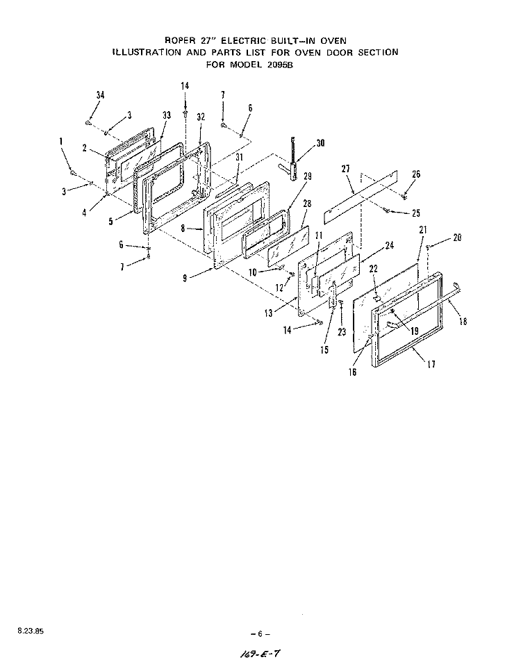 OVEN DOOR Diagram and Parts List for 2095B0A  Roper Range