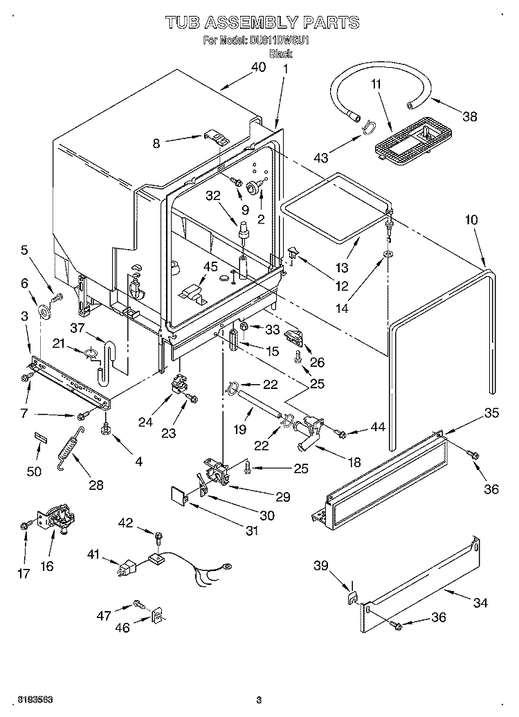 TUB ASSEMBLY Diagram and Parts List for DU811DWGU1  Whirlpool Dishwasher