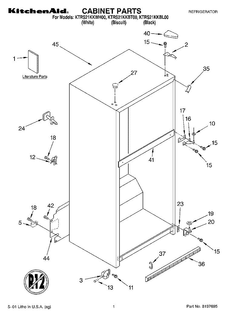 CABINET, LITERATURE Diagram and Parts List for KTRS21KKBL00  KitchenAid Refrigerator