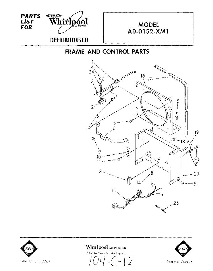 SECTION Diagram and Parts List for AD0152XM1  Whirlpool Dehumidifier