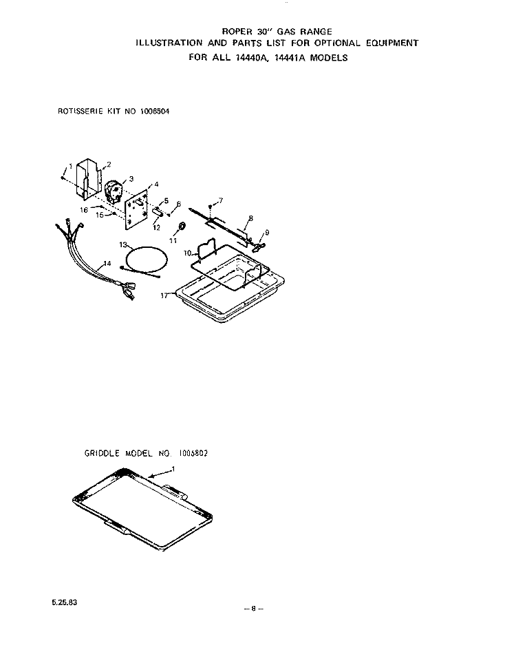 ROTISSERIE KIT, GRIDDLE Diagram and Parts List for 1444W1A  Roper Range
