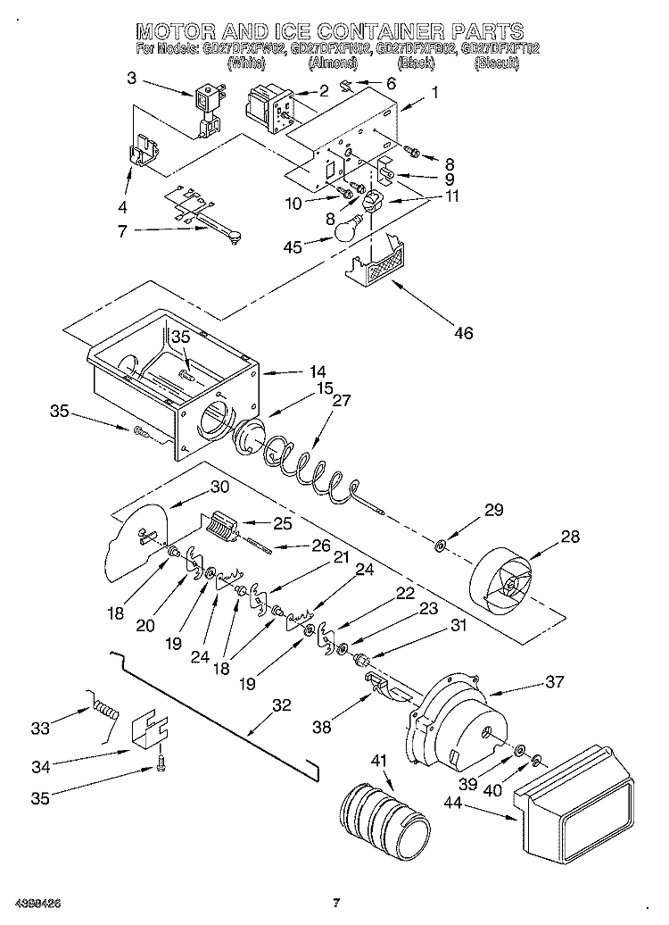 MOTOR AND ICE CONTAINER Diagram and Parts List for GD27DFXFB02  Whirlpool Refrigerator