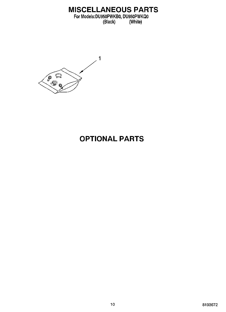 MISCELLANEOUS, OPTIONAL Diagram and Parts List for DU950PWKB0  Whirlpool Dishwasher