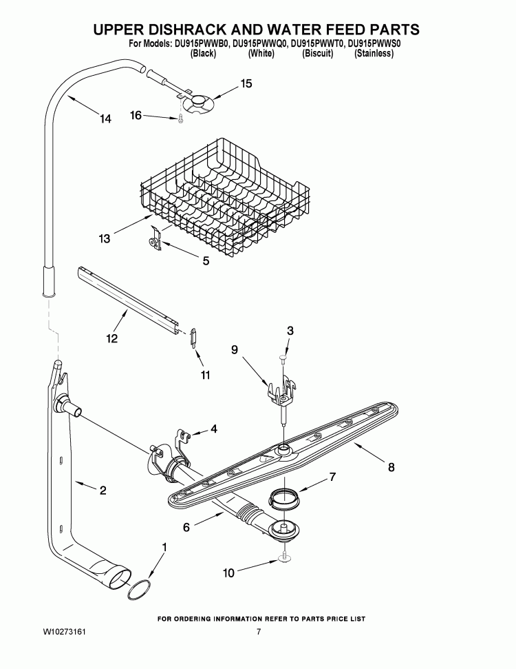 UPPER DISHRACK AND WATER FEED PARTS Diagram and Parts List for DU915PWWB0  Whirlpool Dishwasher