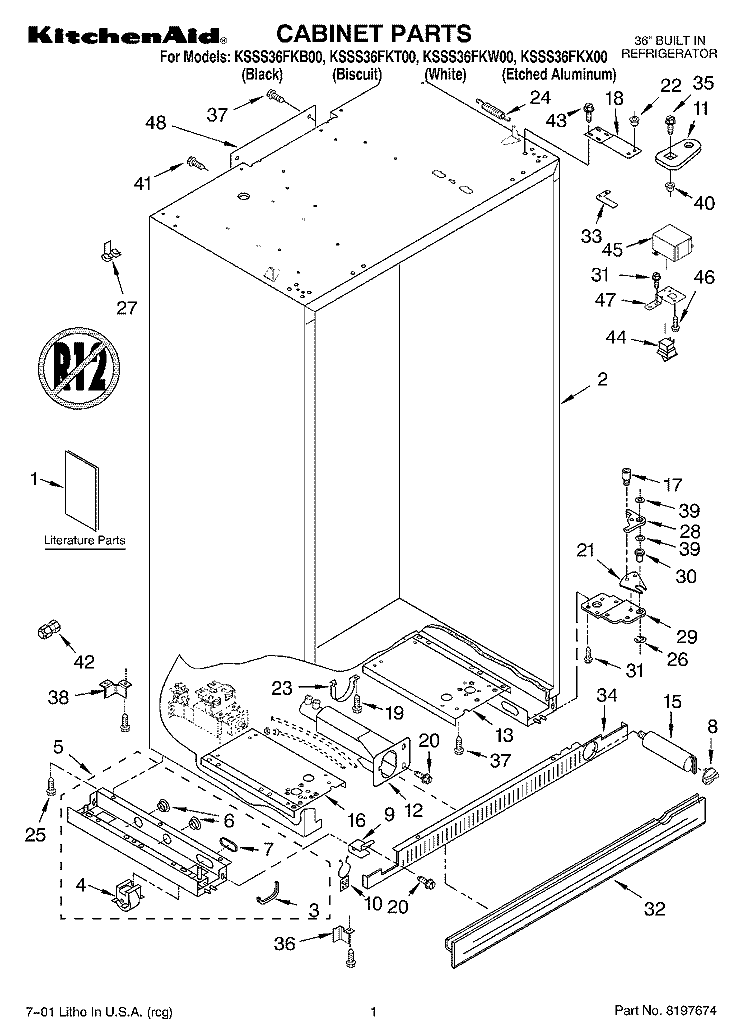 CABINET, LITERATURE Diagram and Parts List for KSSS36FKB00  KitchenAid Refrigerator