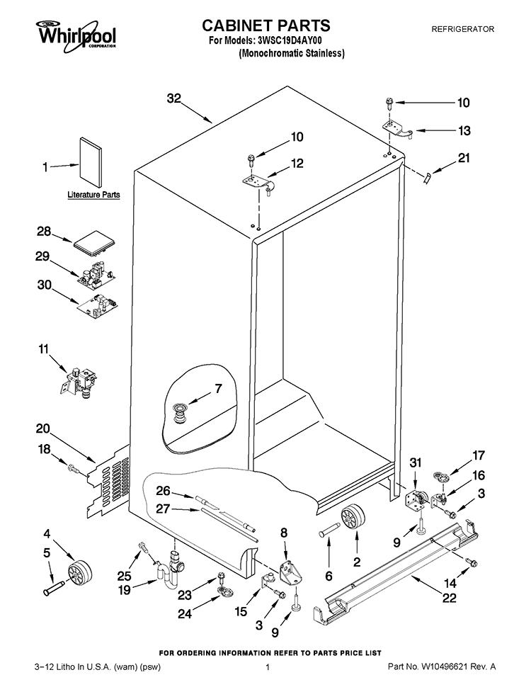 CABINET PARTS Diagram and Parts List for 3WSC19D4AY00  Whirlpool Refrigerator
