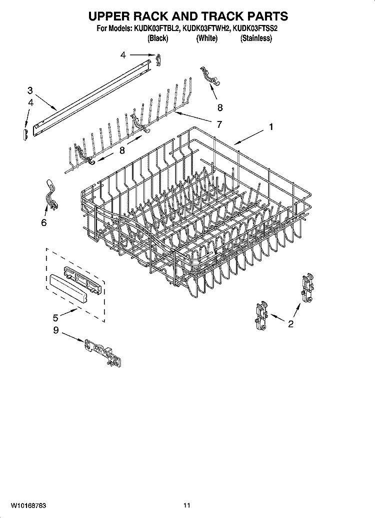 UPPER RACK AND TRACK PARTS Diagram and Parts List for KUDK03FTWH2  KitchenAid Dishwasher