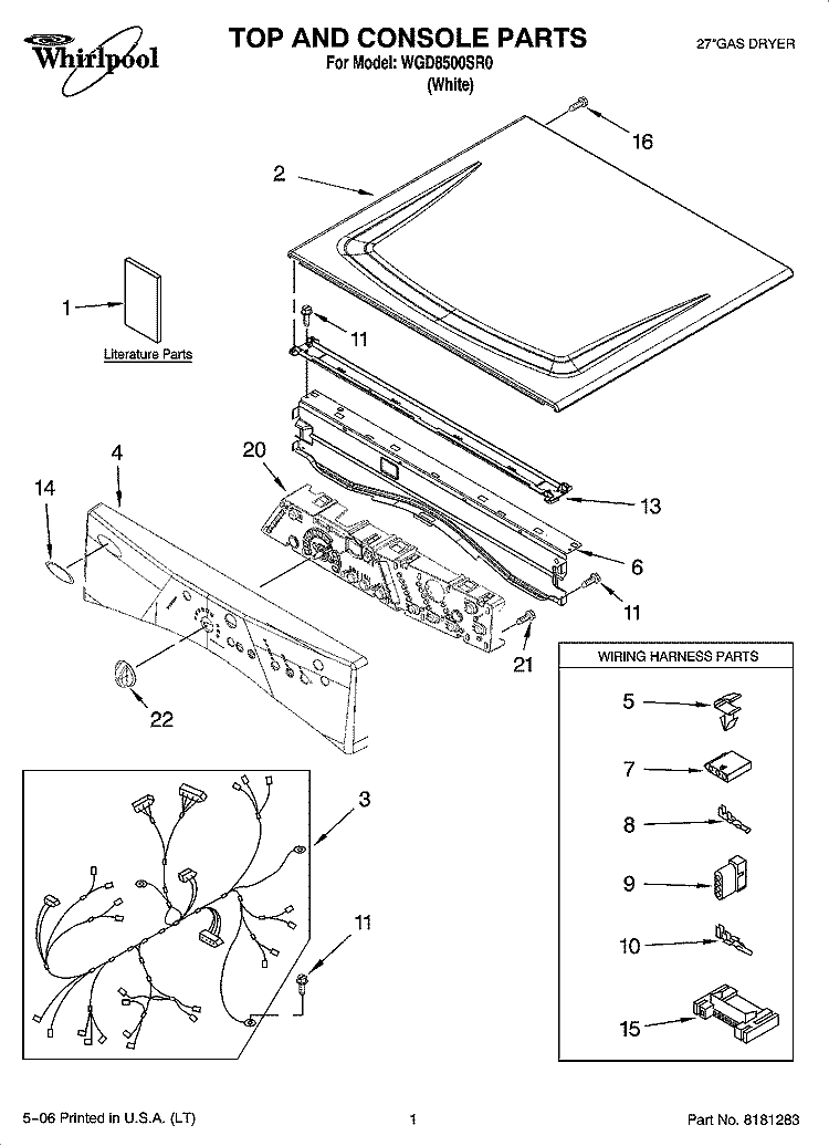 TOP AND CONSOLE PARTS Diagram and Parts List for WGD8500SR0  Whirlpool Dryer
