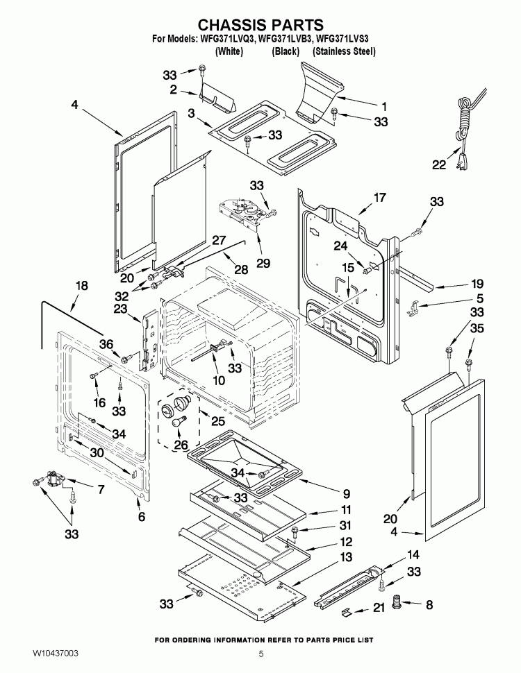 CHASSIS PARTS Diagram and Parts List for WFG371LVB3  Whirlpool Range