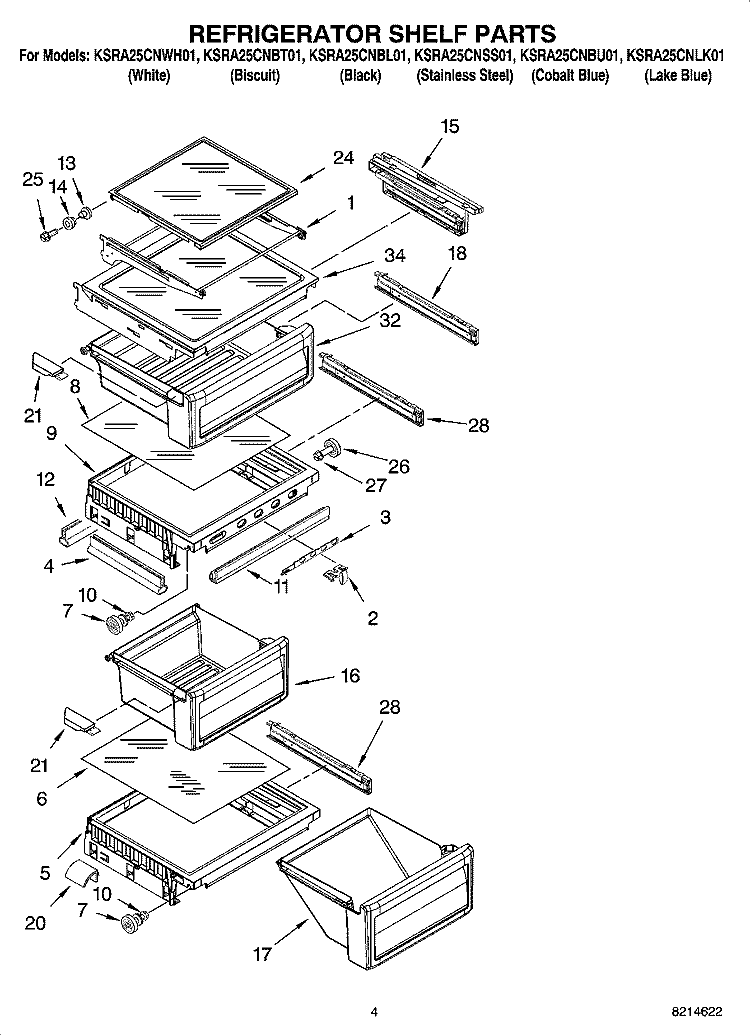 REFRIGERATOR SHELF PARTS Diagram and Parts List for KSRA25CNSS01  KitchenAid Refrigerator