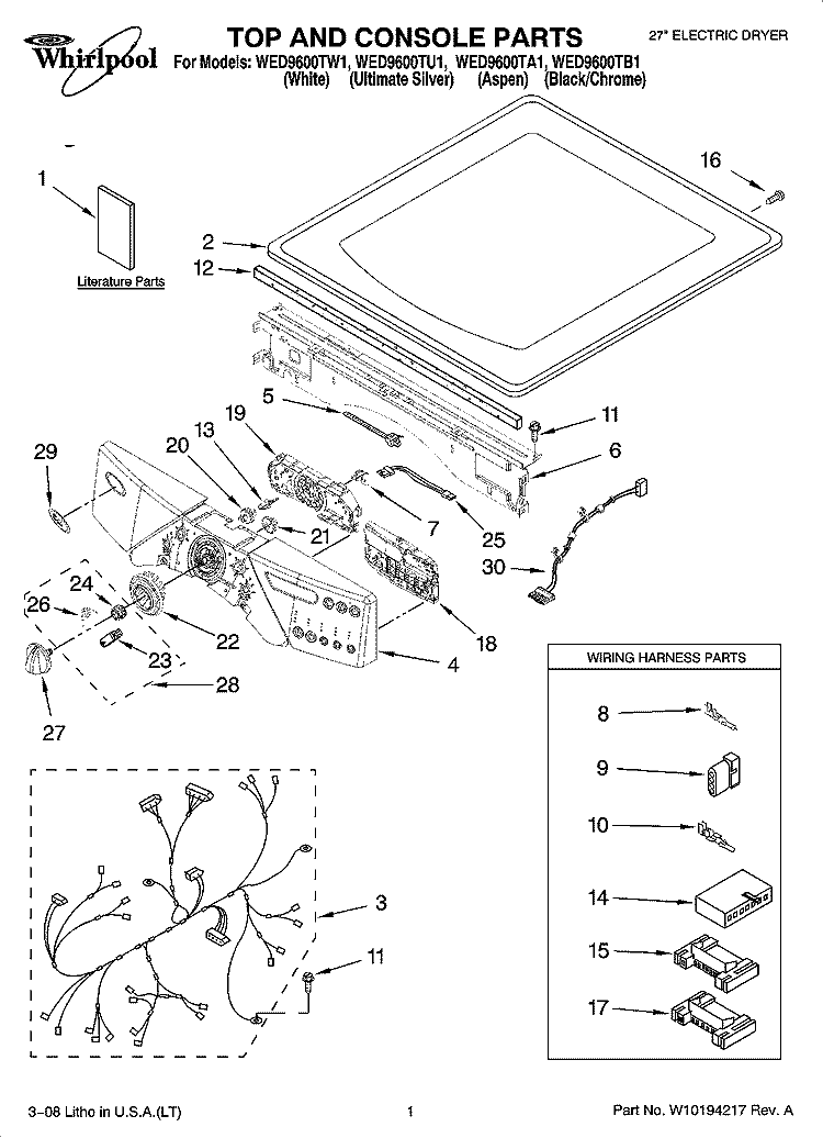 TOP AND CONSOLE PARTS Diagram and Parts List for WED9600TU1  Whirlpool Dryer
