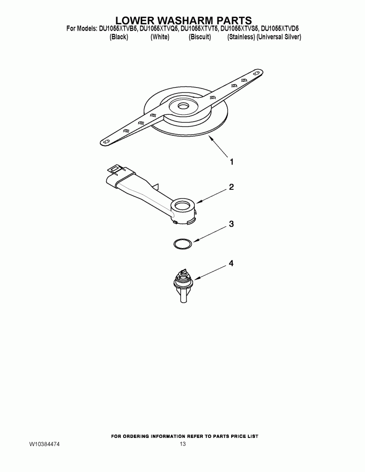 LOWER WASHARM PARTS Diagram and Parts List for DU1055XTVS5  Whirlpool Dishwasher