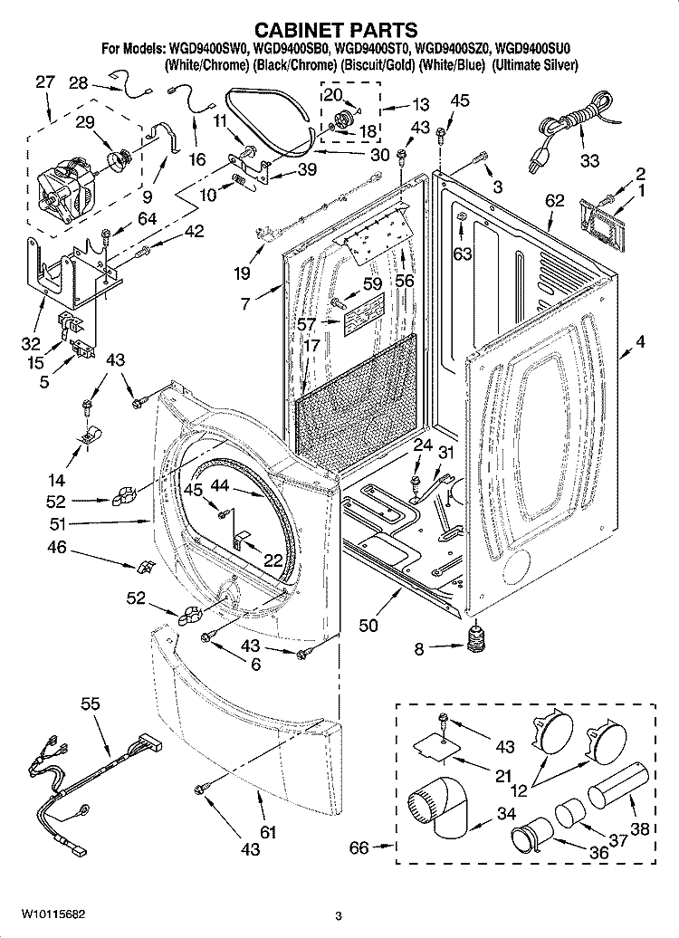CABINET PARTS Diagram and Parts List for WGD9400SW0  Whirlpool Dryer