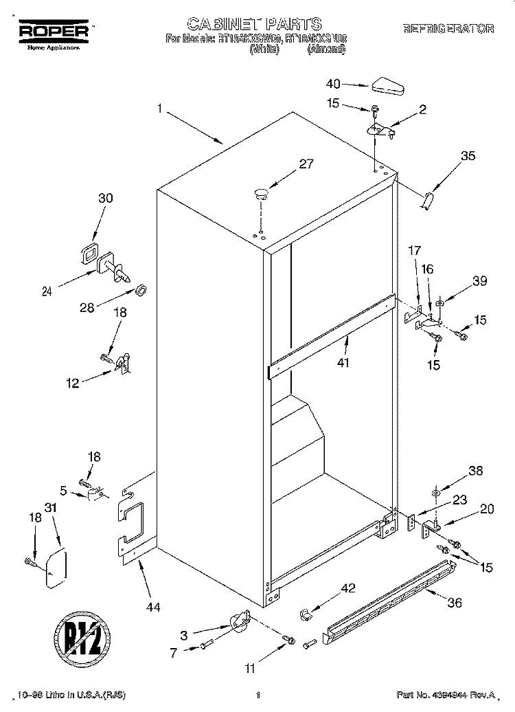 CABINET Diagram and Parts List for RT18AKXGW00  Roper Refrigerator