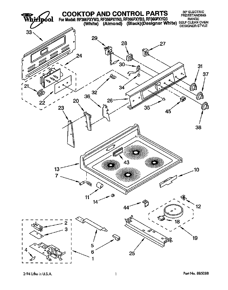 COOKTOP AND CONTROL Diagram and Parts List for RF366PXYN3  Whirlpool Range