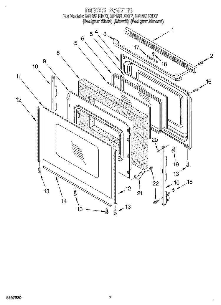 DOOR Diagram and Parts List for SF197LEHZ7  Whirlpool Range