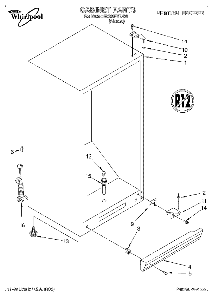 CABINET Diagram and Parts List for EV200FXEN02  Whirlpool Freezer