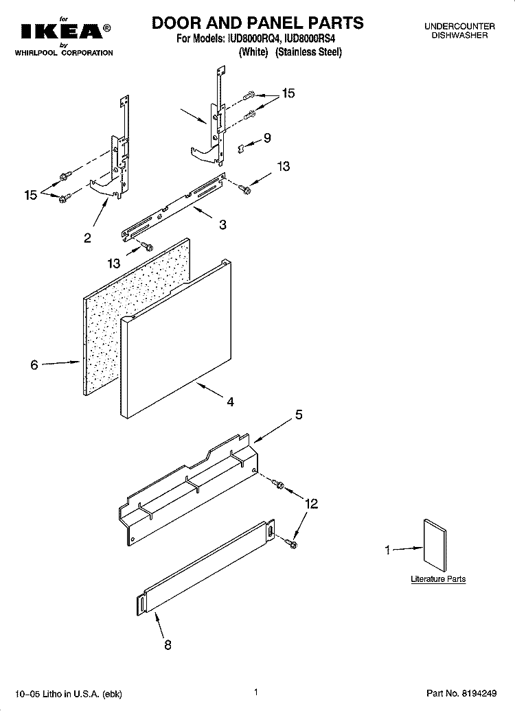 DOOR AND PANEL PARTS Diagram and Parts List for IUD8000RS4  Whirlpool Dishwasher