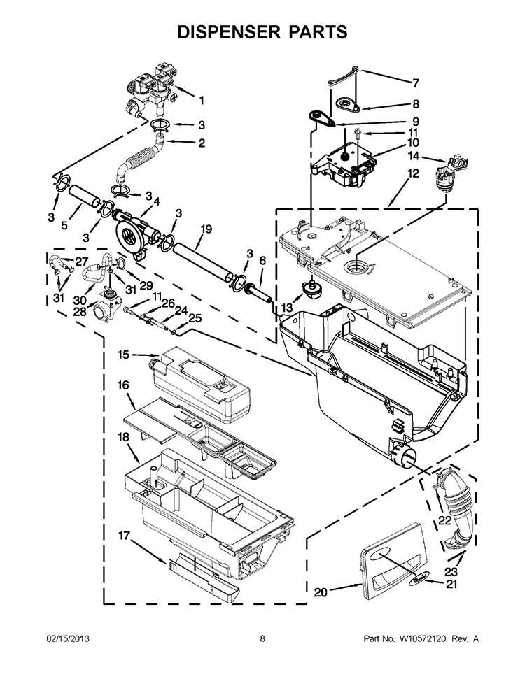 DISPENSER PARTS Diagram and Parts List for WFL98HEBU0  Whirlpool Washer