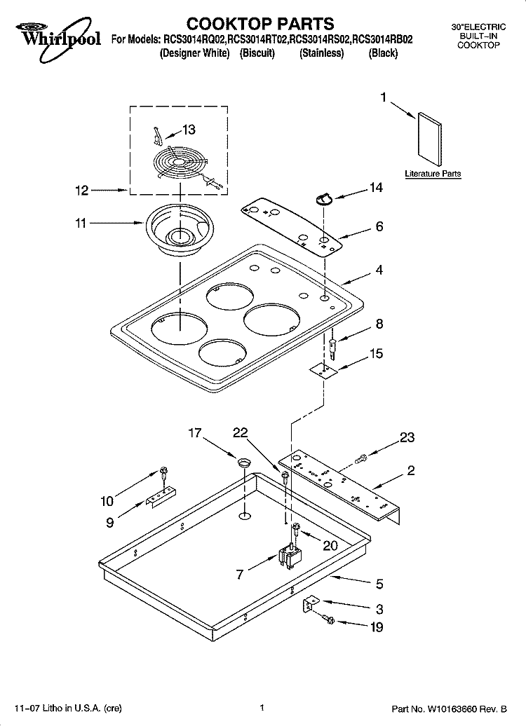 COOKTOP PARTS Diagram and Parts List for RCS3014RQ02  Whirlpool Cooktop