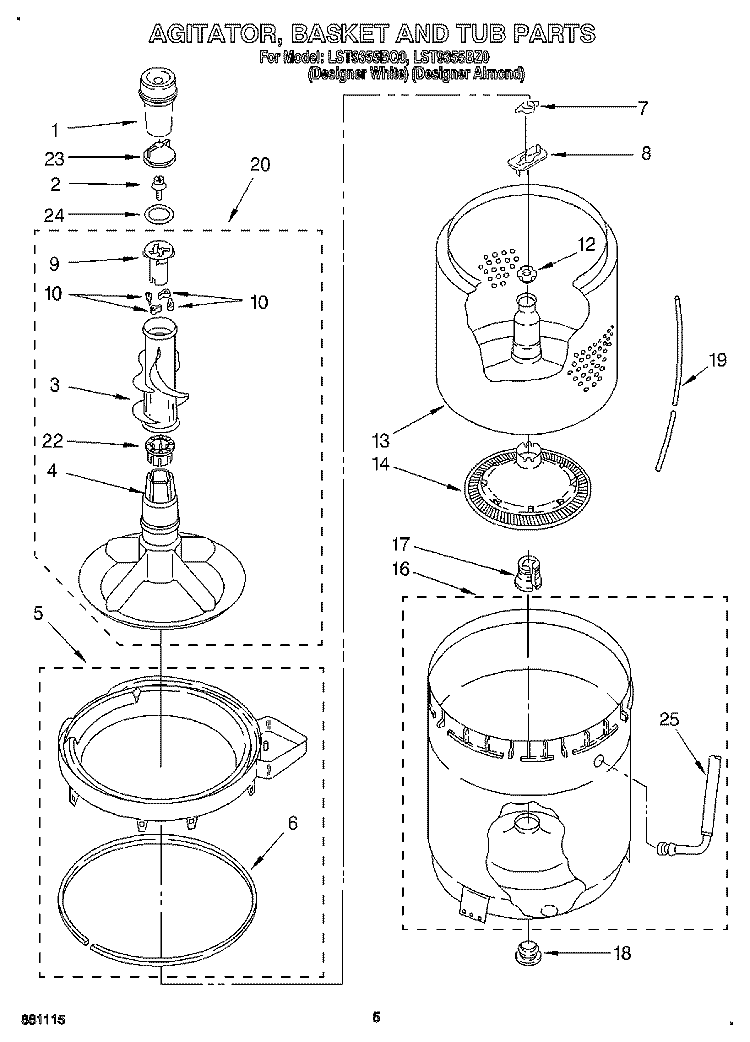 AGITATOR, BASKET AND TUB Diagram and Parts List for LST9355BZ0  Whirlpool Washer